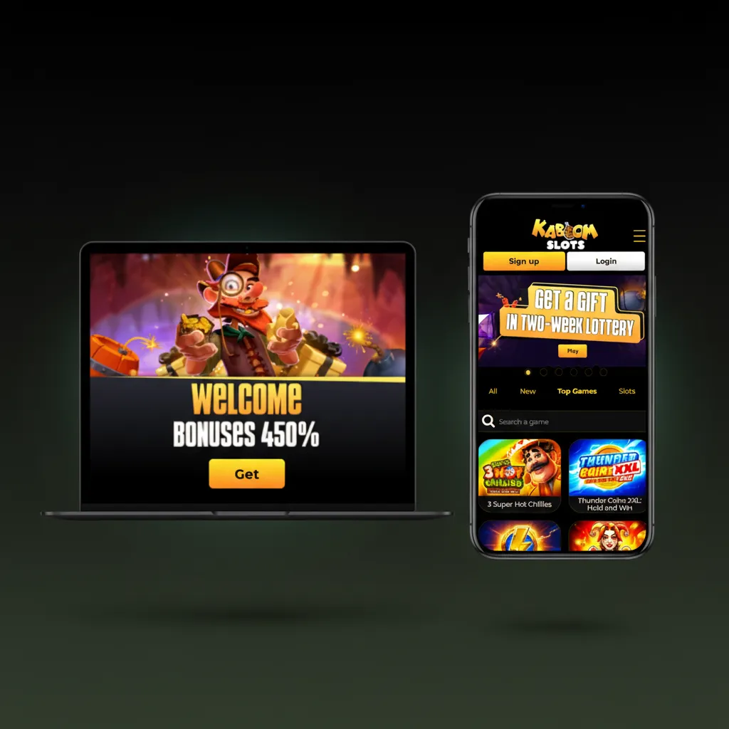 Kaboomslots UK UI with top navigation (Sports, Live, Esports, Casino) and quick links to bet slip, account, cashier, search
