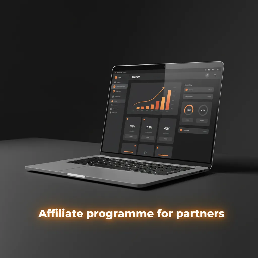 Affiliate programme dashboard showing tracked links, revenue share and CPA options, with growth chart for partners.