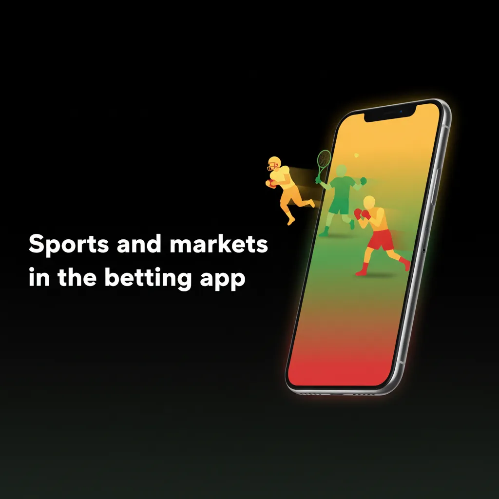 Betting app screen with sports and eSports markets, pre-match/in-play, live odds, stats, trackers, cash out, live streams.