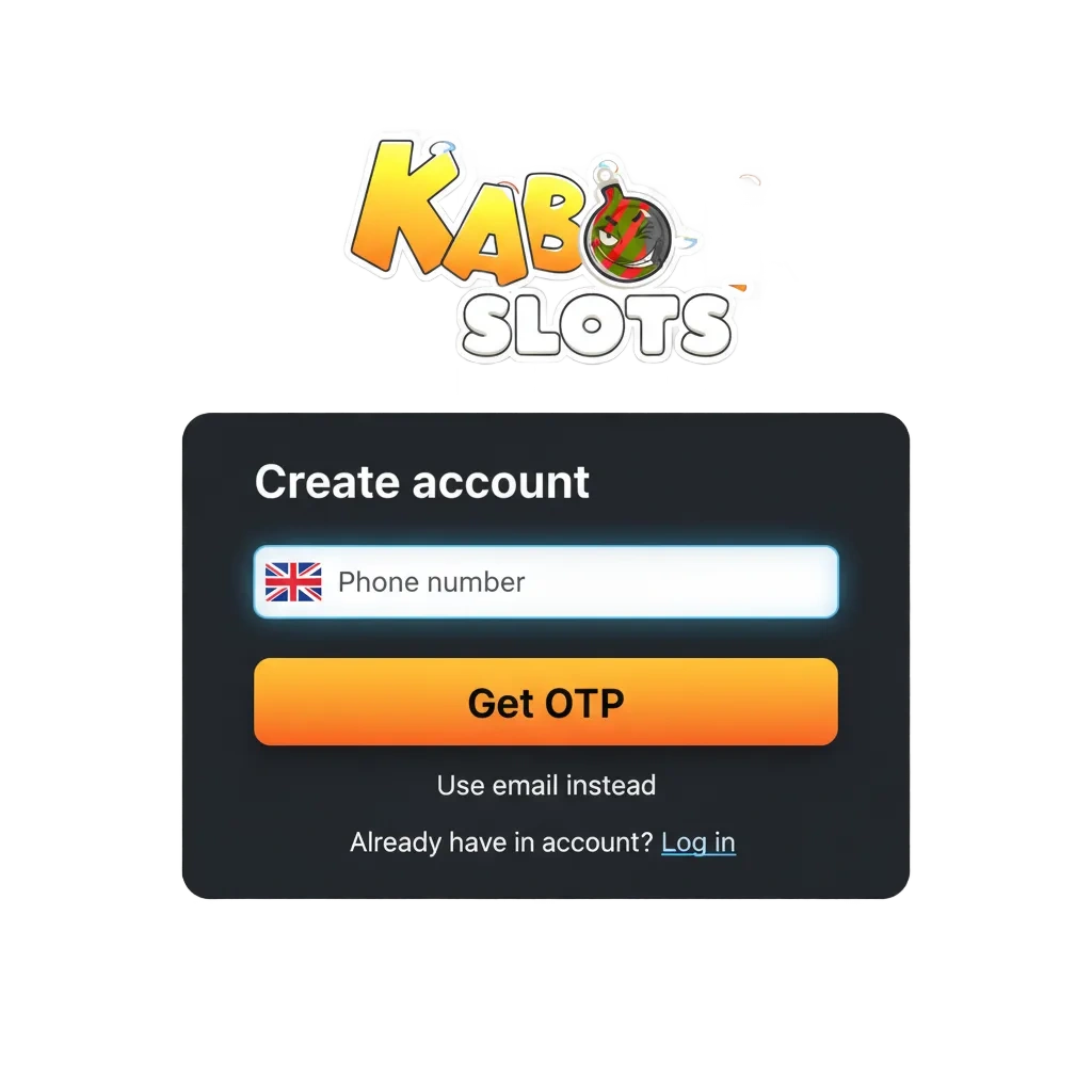 Kaboomslots UK signup banner for casino & sportsbook with secure login, ID verification, support, tiered welcome bonus