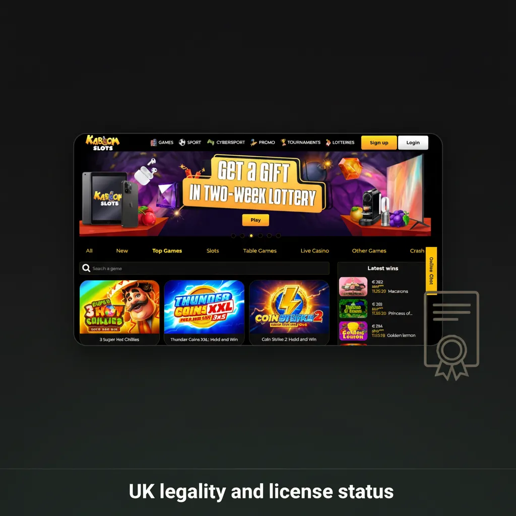 UK legality: Kaboomslots holds Curaçao eGaming licence (15 Jun 2020), not UKGC-licensed; check local rules, Terms.