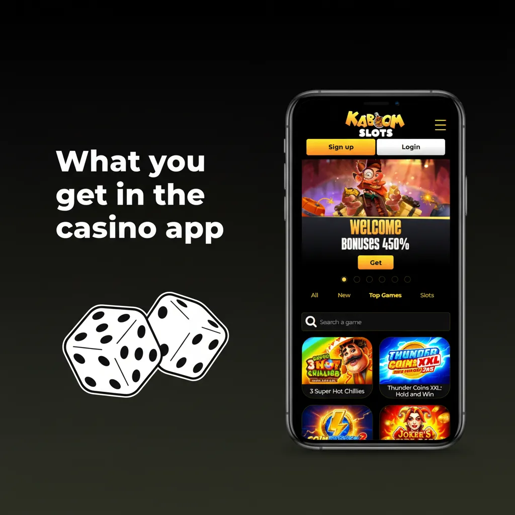 Casino app UI with trending slots, live dealers, sports/casino toggle, and promos for bonuses, free spins, tournaments