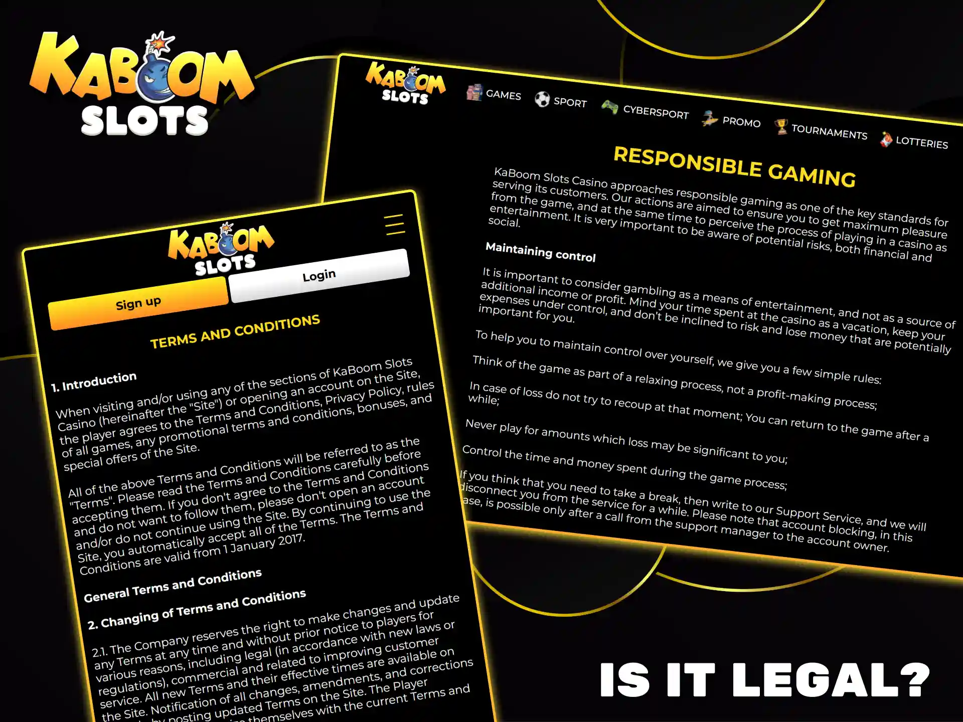 Kaboom Slots operates on a fully legal basis, offering fair gaming conditions and strict privacy policies.