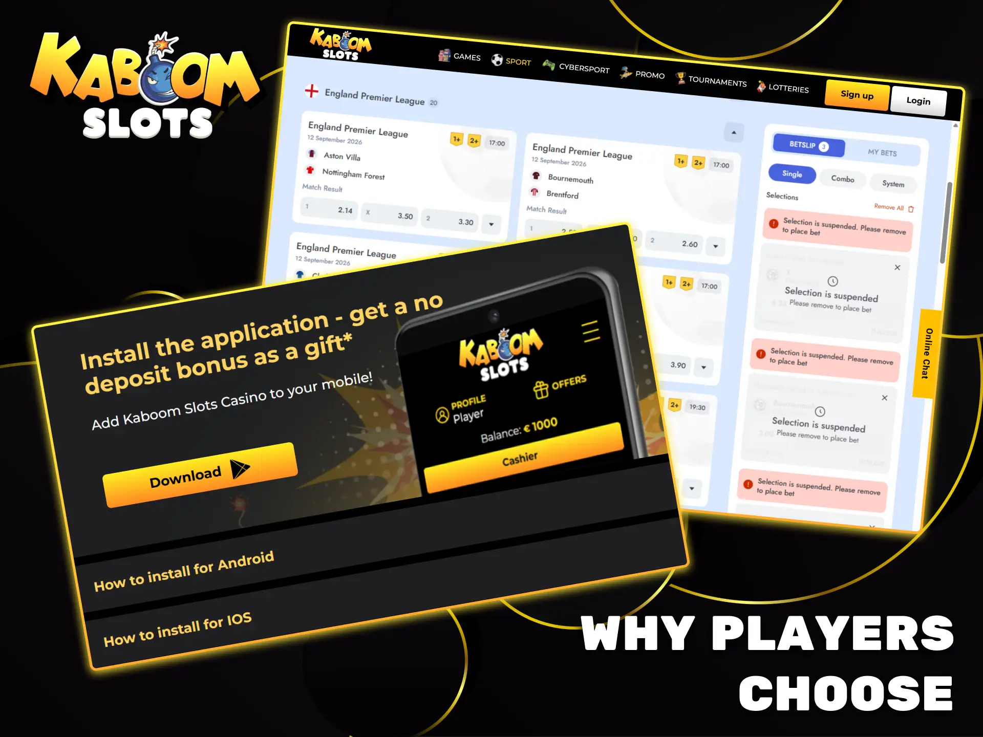 Players choose Kaboom Slots for the platform's convenience, the availability of mobile apps, and the bonuses.