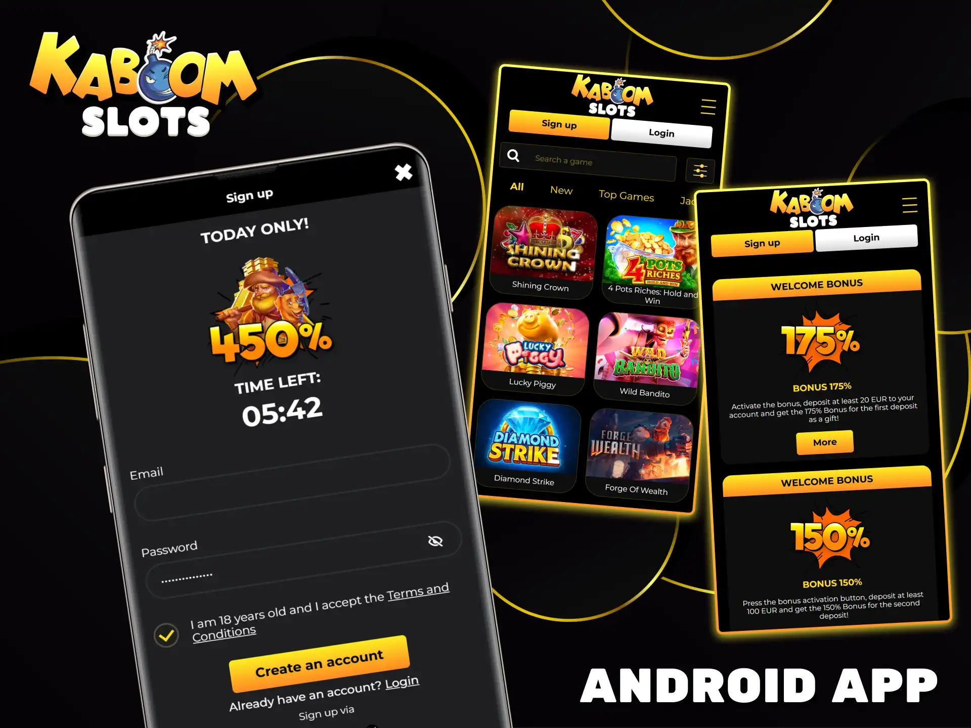 Get generous welcome bonuses immediately after registering via the Kaboom Slots mobile app for Android.