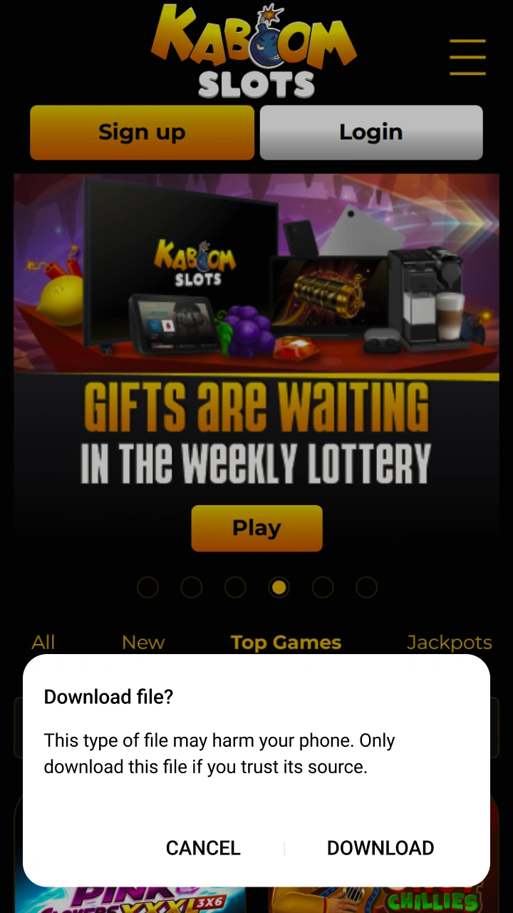 Agree to save the app file and enjoy uninterrupted gameplay at Kaboom Slots.