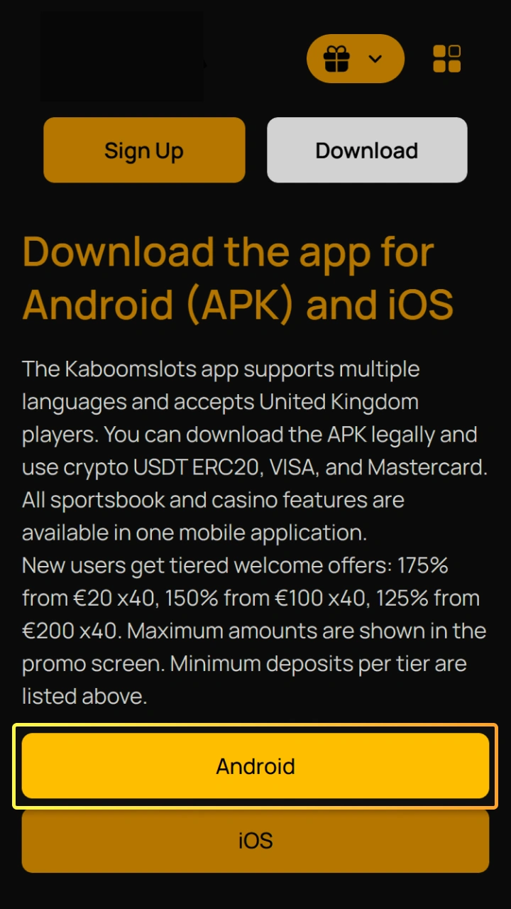 Select the Android version to download the official Kaboom Slots mobile app.