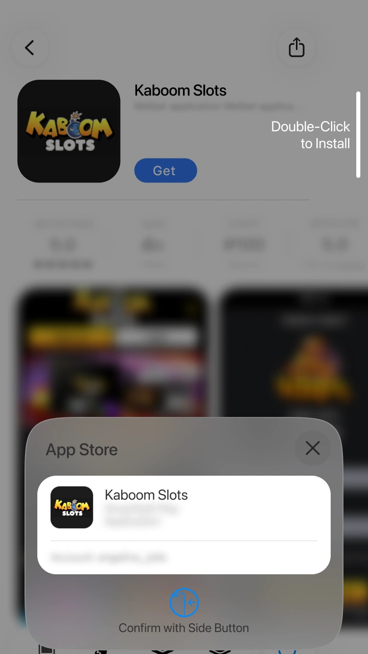 Confirm the installation using the side button to instantly launch Kaboom Slots on iOS.