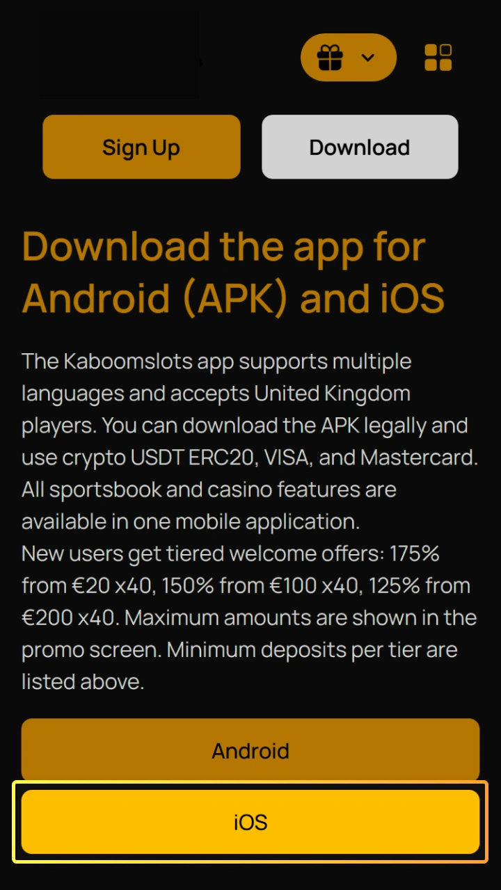 Tap the iOS button to start downloading the dedicated Kaboom Slots app.