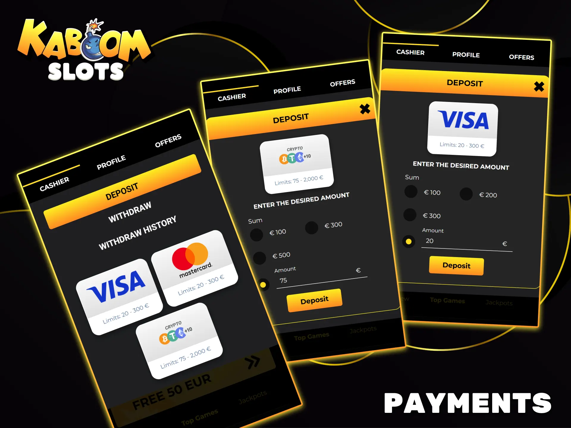 Make a secure deposit using Visa, Mastercard, or cryptocurrency on the Kaboom Slots cashier page.