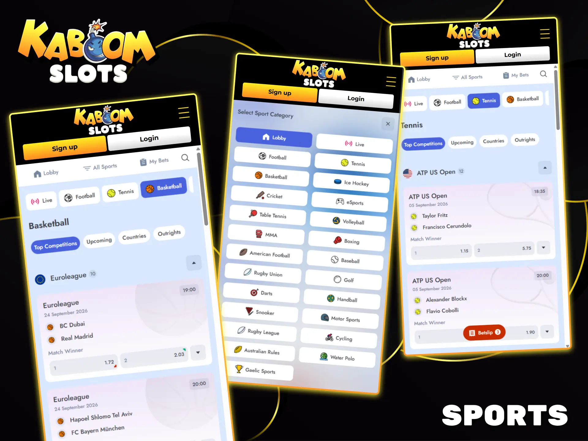 Place bets on your favorite sports, including tennis, basketball, and football, at Kaboom Slots.