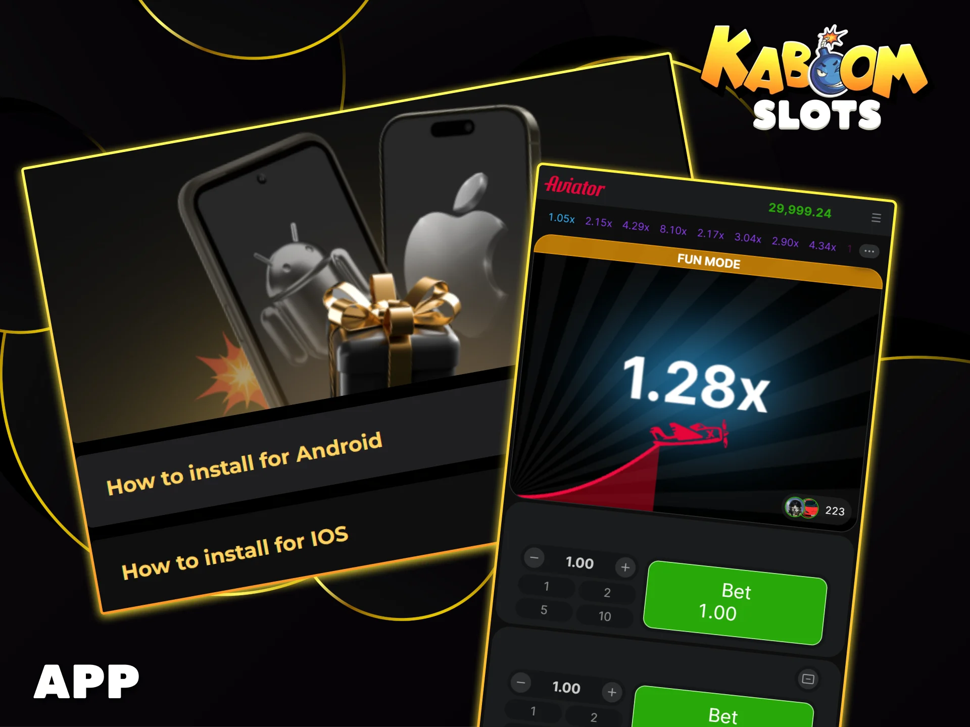 Download the mobile app to enjoy smooth gameplay of Aviator at Kaboom Slots anywhere.