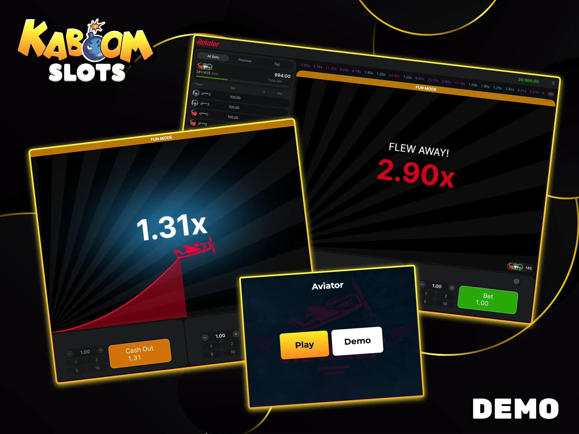 Practice your strategy risk-free using the convenient demo mode of the Aviator game on the Kaboom Slots website.