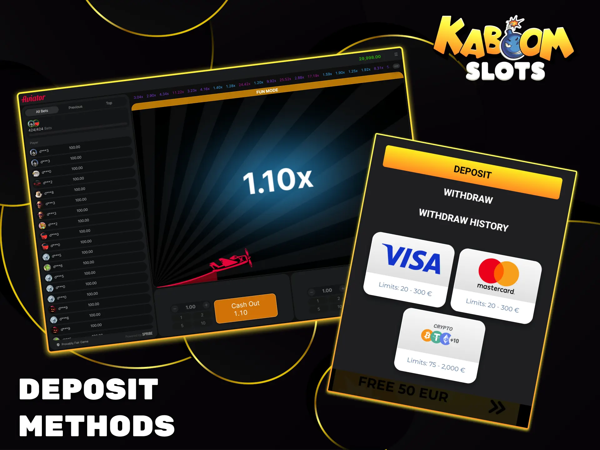 Easily top up your account to play Aviator using secure deposit methods on the Kaboom Slots platform.