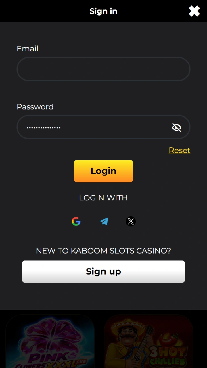 Securely log in to your personal account at Kaboom Slots.