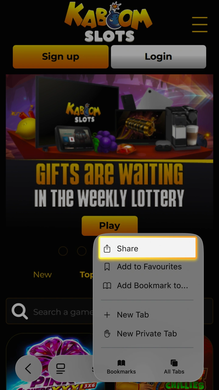 Tap the share button in Safari to set up Kaboom Slots on iOS.