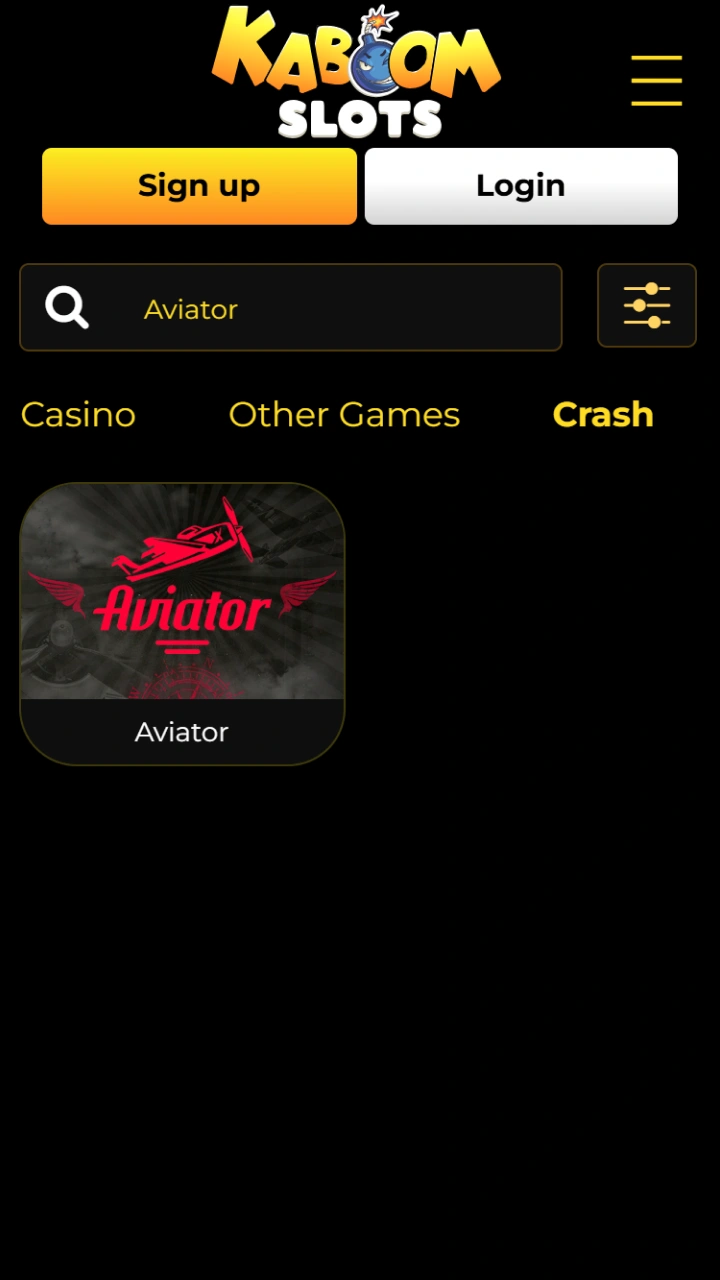 Find Aviator in the crash games section to start playing at Kaboom Slots.