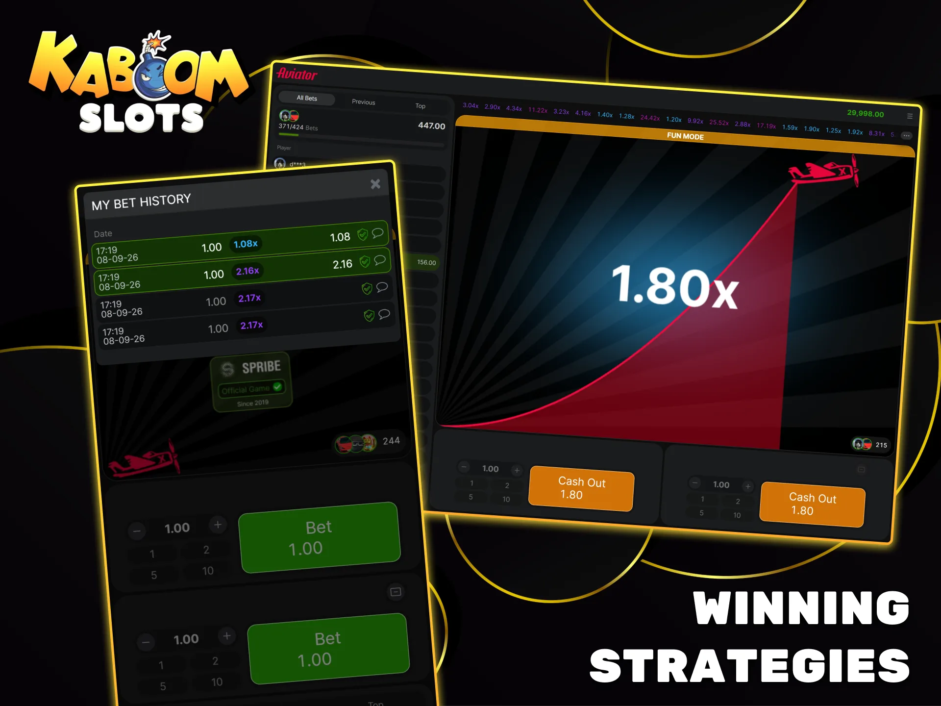 Track your betting history and apply winning strategies while playing Aviator at Kaboom Slots.