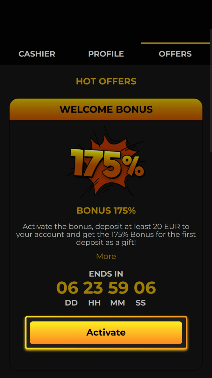 Activate the welcome bonus with a single click on the Kaboom Slots website.