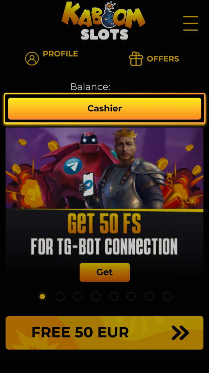 Open the cashier to make a deposit and access special promotions at Kaboom Slots.