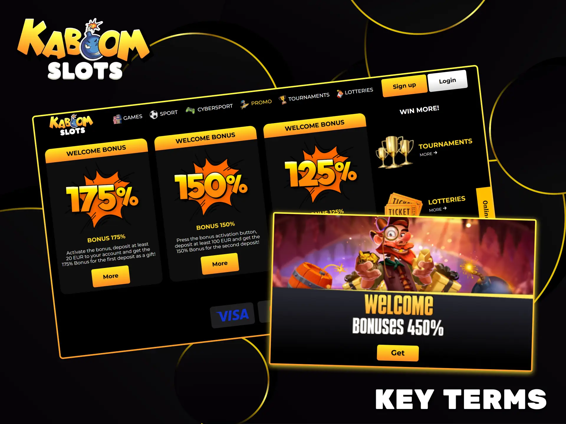 Get amazing rewards and welcome bonuses of up to 450% today at Kaboom Slots.
