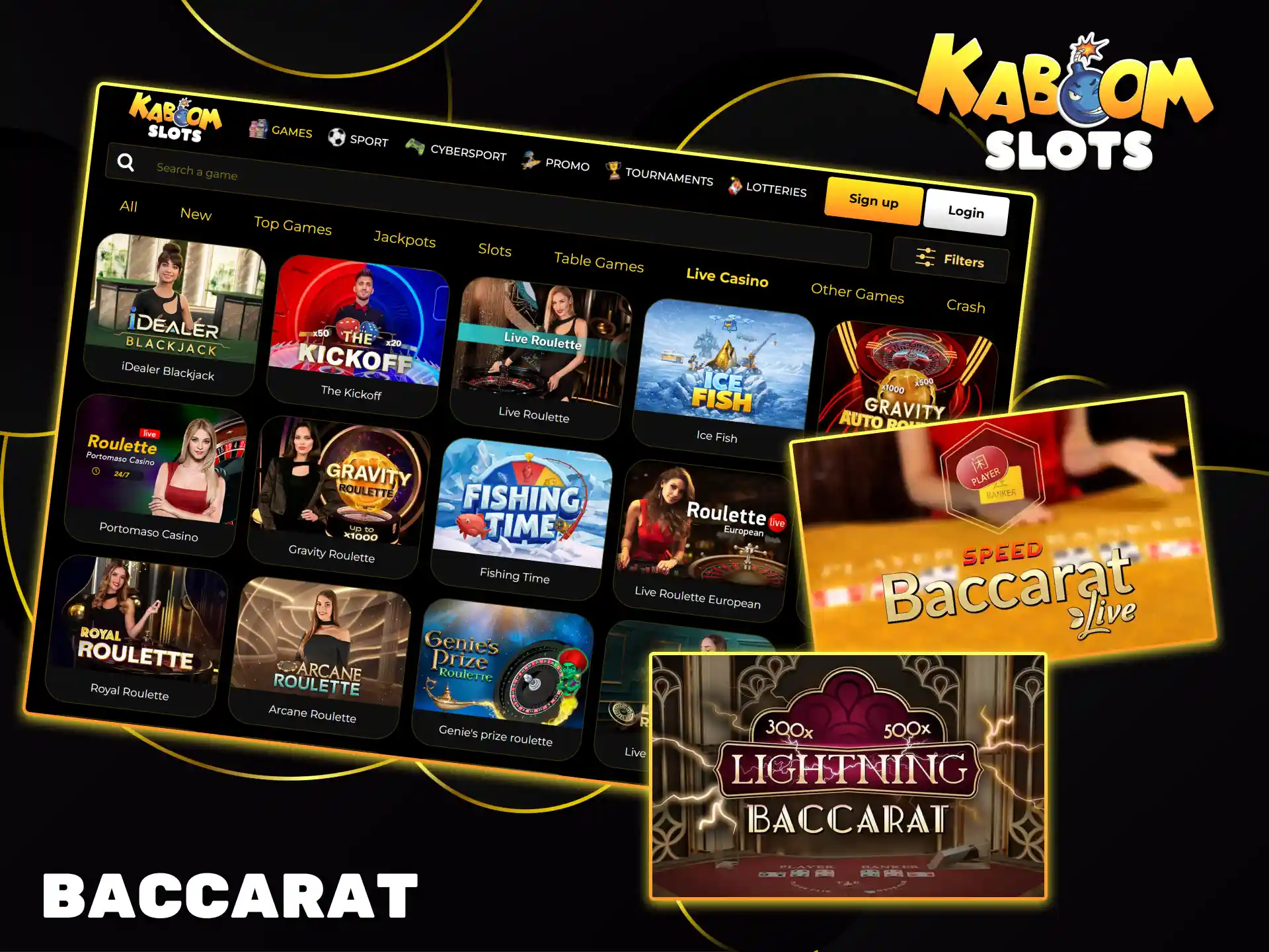 Try your luck with the fast-paced Speed ​​Baccarat and Lightning Baccarat games at Kaboom Slots.
