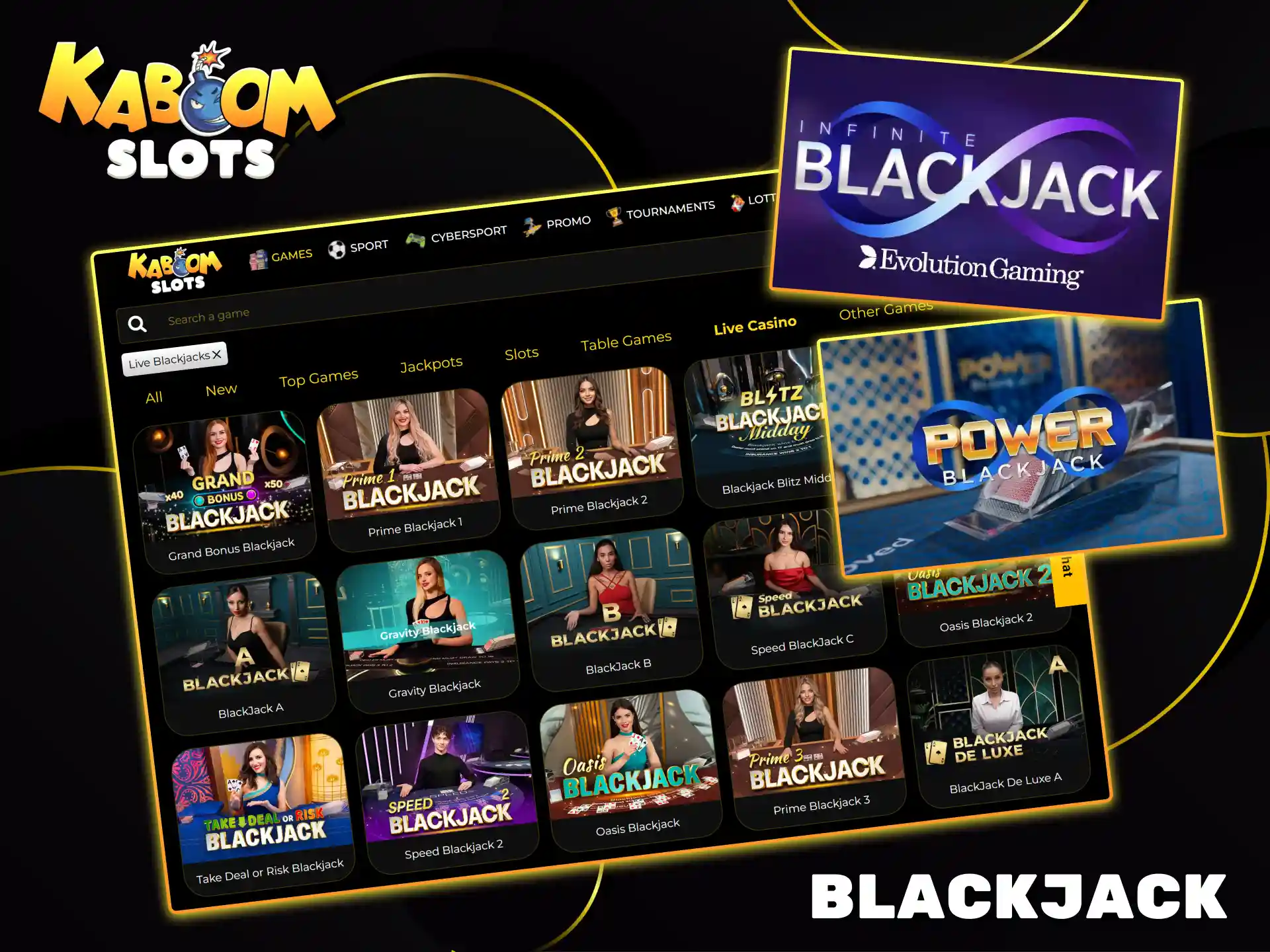 Take your seat at premium live dealer blackjack tables, available anytime on the Kaboom Slots website.