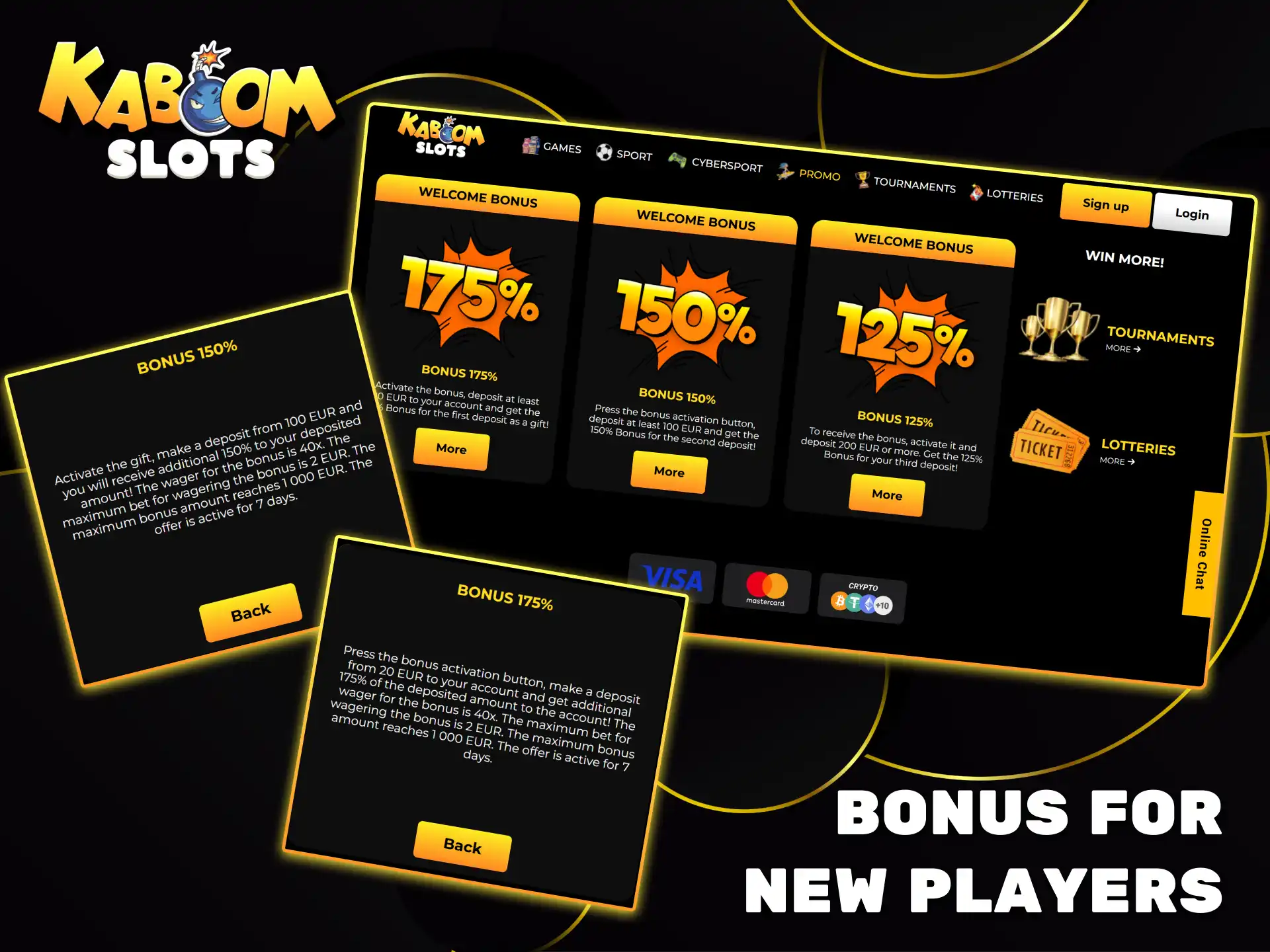 Kaboom Slots offers generous tiered welcome bonuses for all new players.