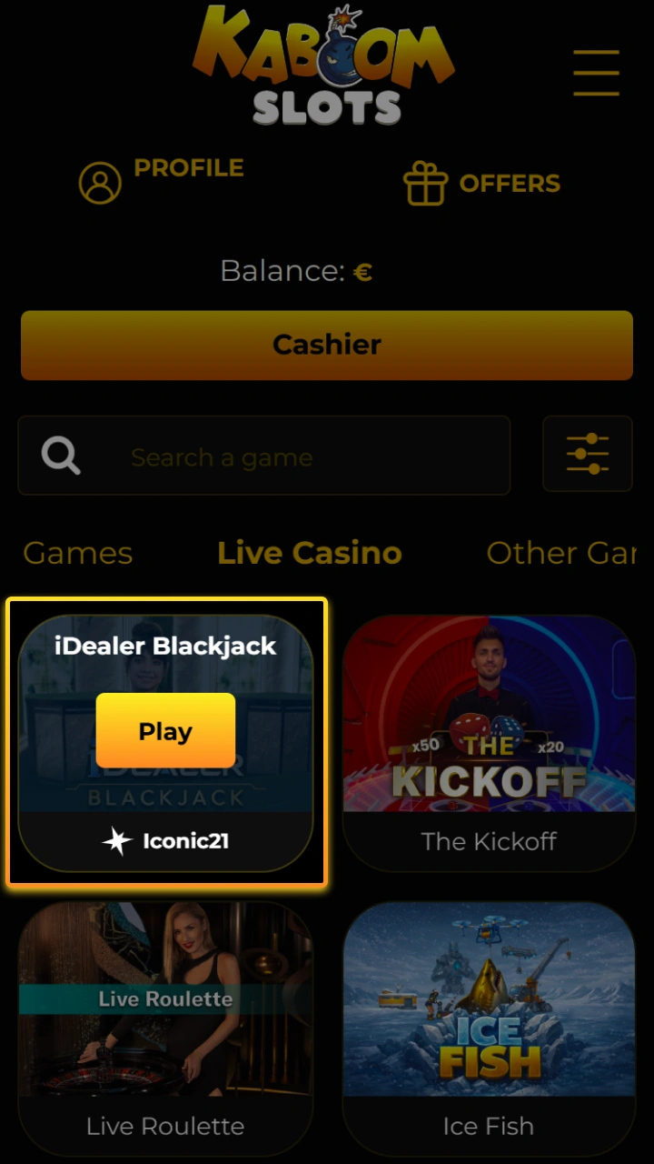 Easily choose your preferred live dealer table in the Kaboom Slots lobby.
