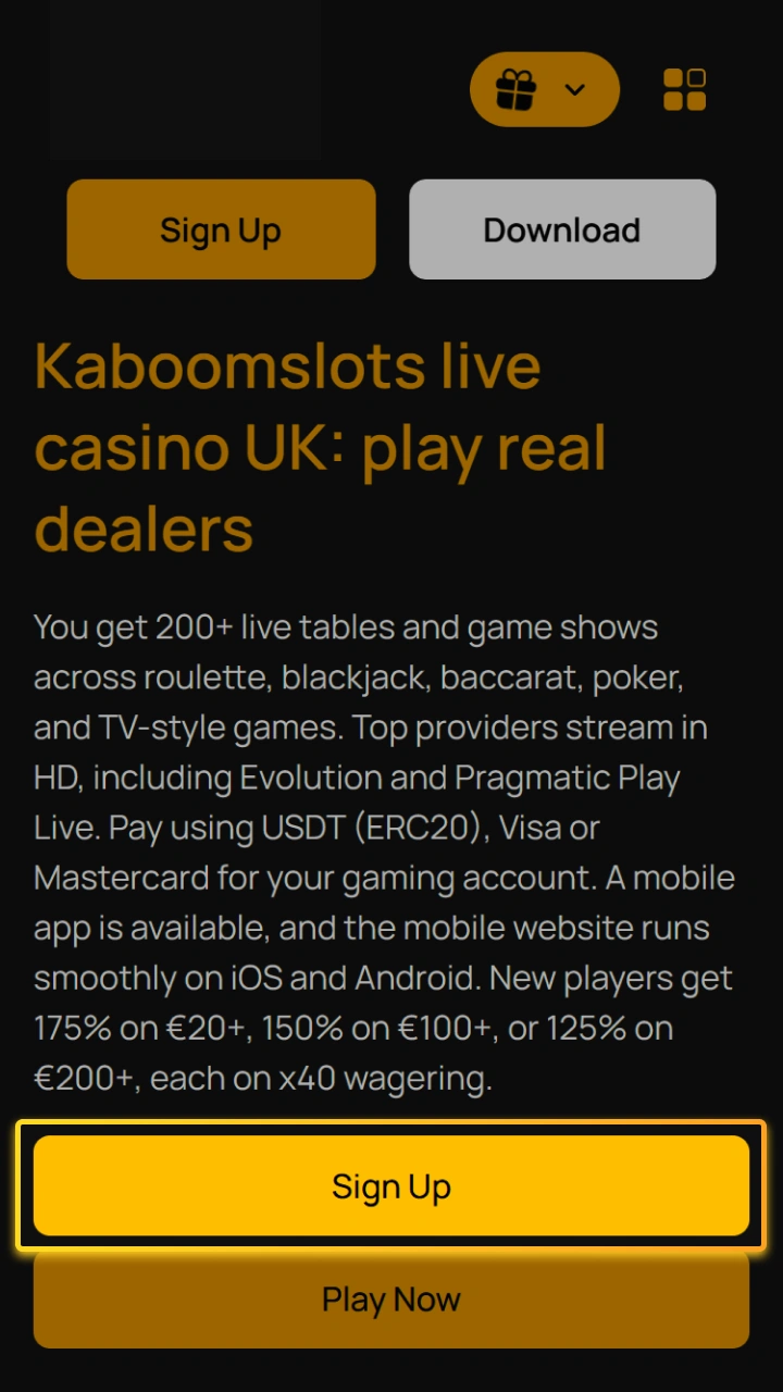 Sign up easily and get access to hundreds of exciting live dealer games at Kaboom Slots.