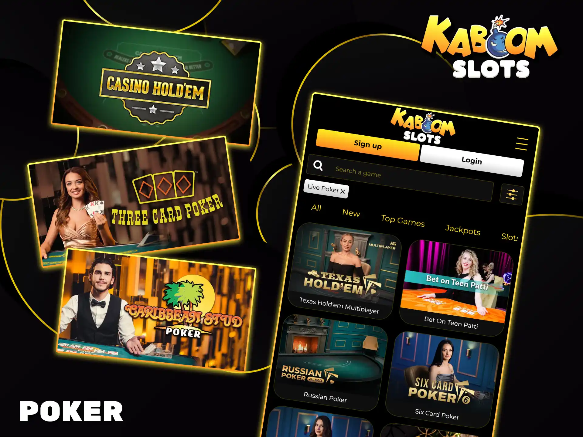 Enjoy exciting poker games with real dealers at Kaboom Slots.