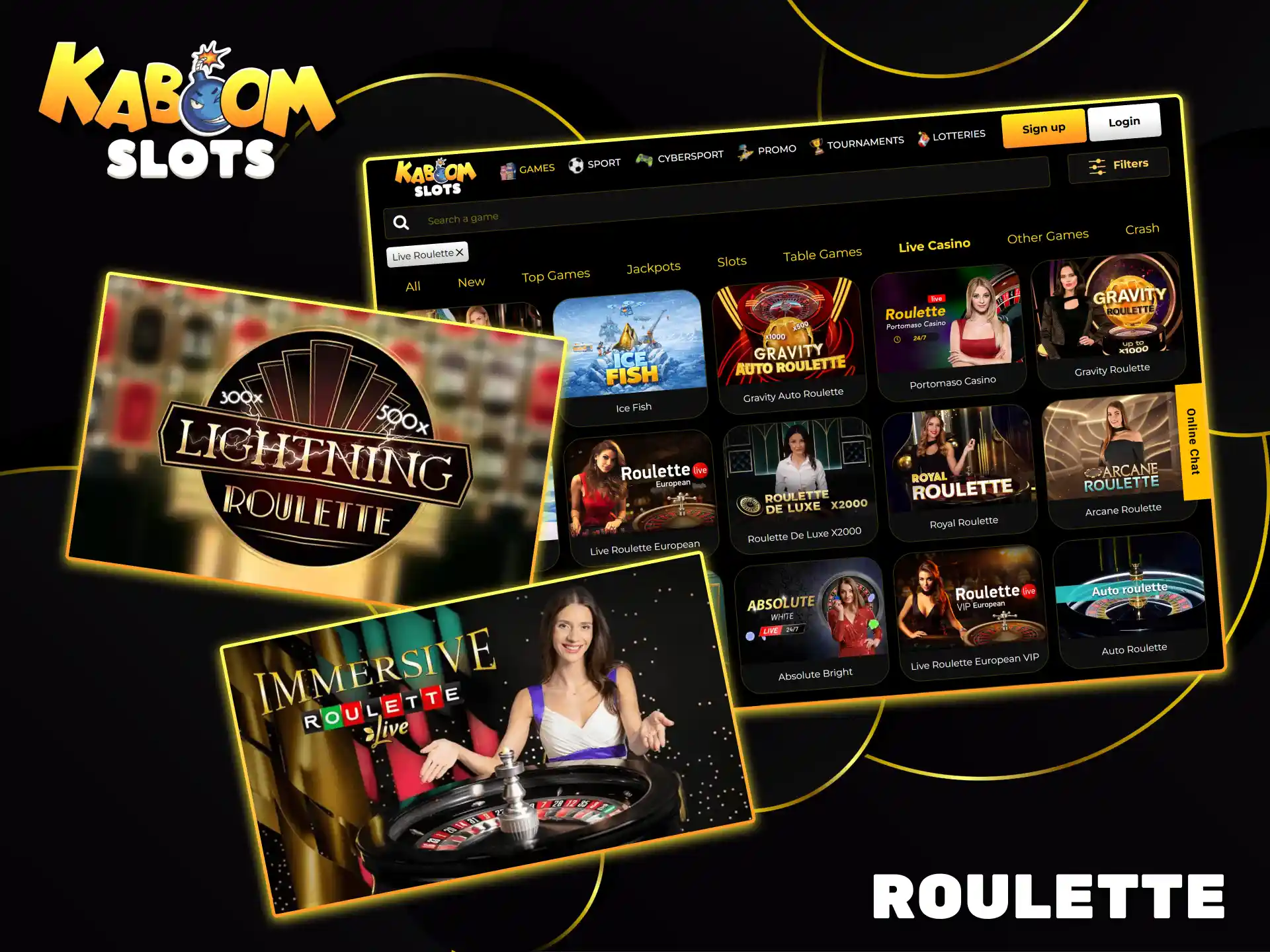Check out the dynamic live dealer roulette games at Kaboom Slots.