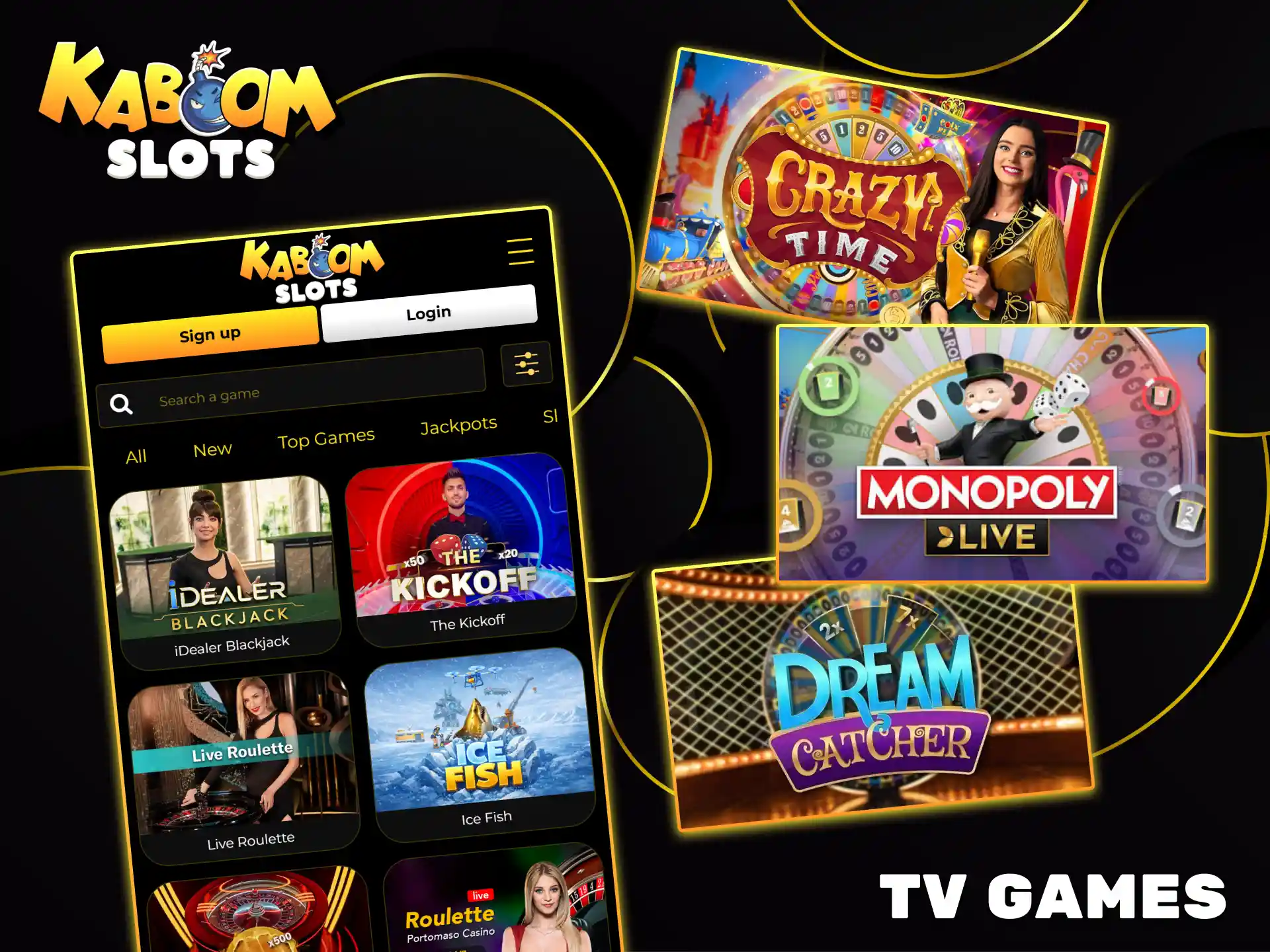 Join live interactive TV game shows at Kaboom Slots.