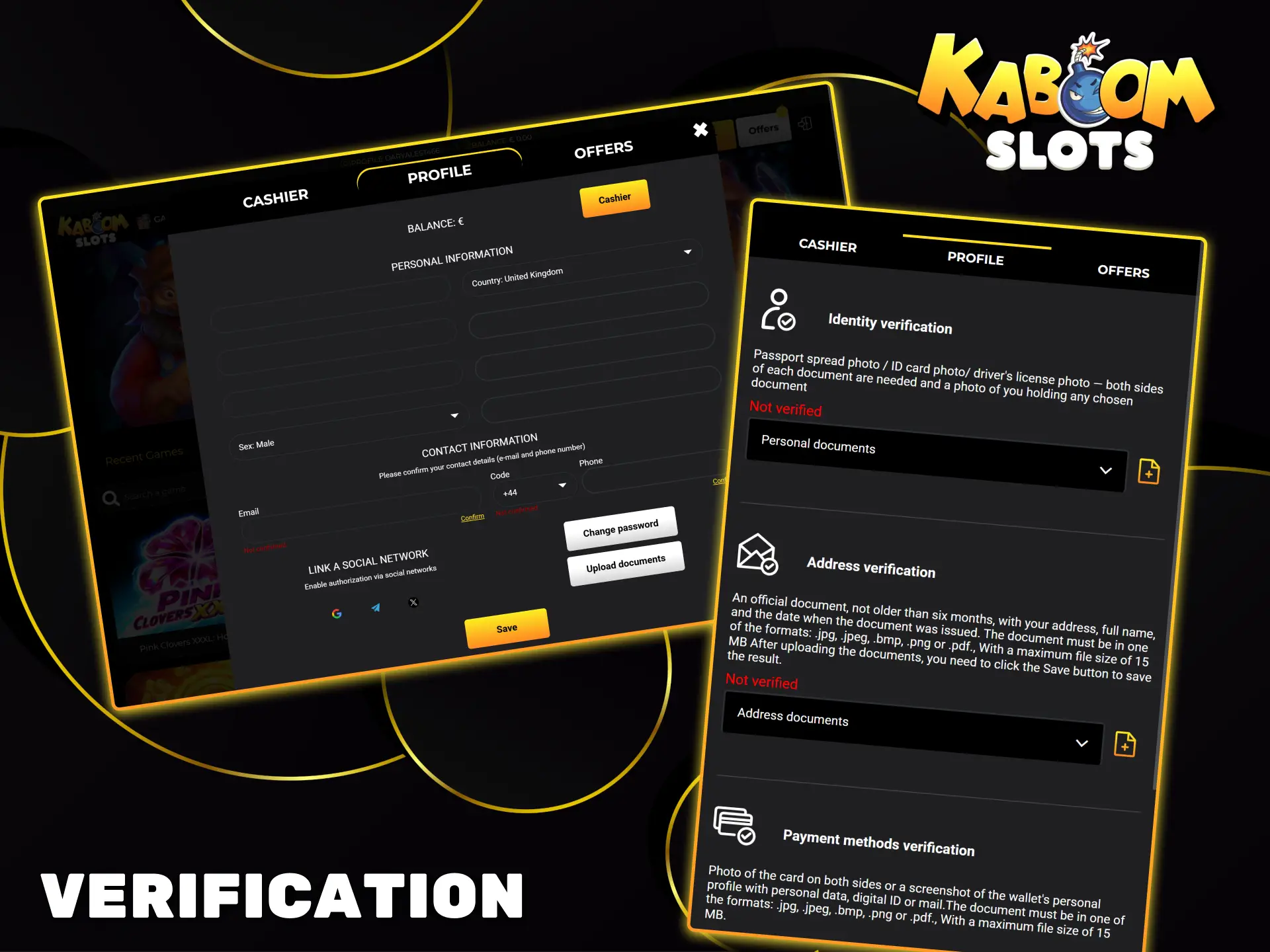 The official Kaboom Slots website offers a simple and secure account verification process.