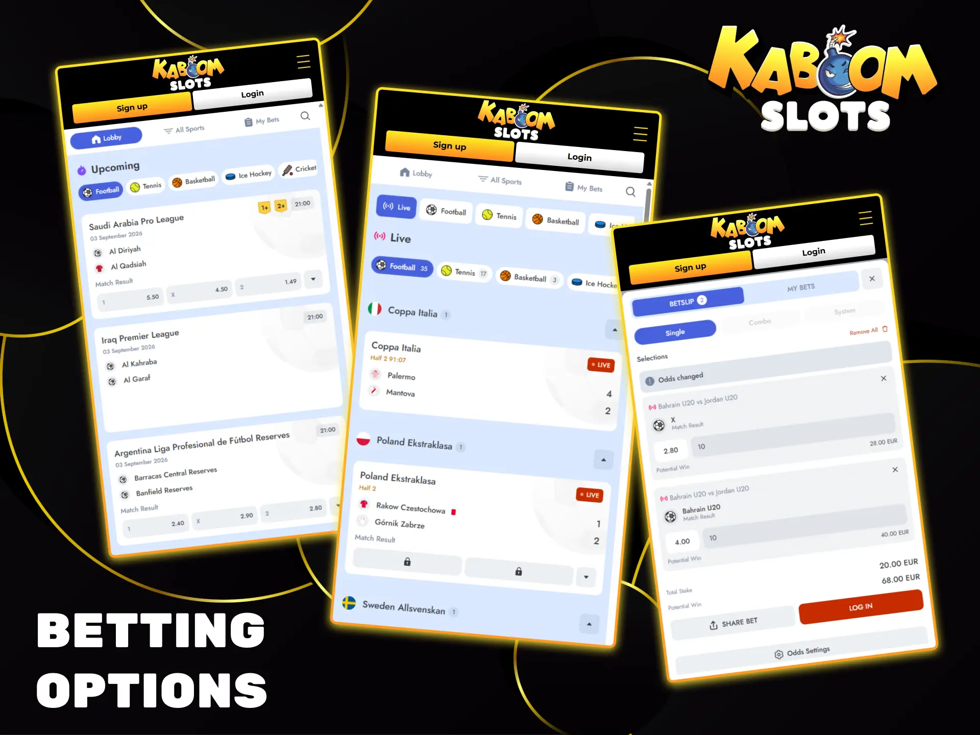 Kaboom Slots offers a wide range of sports betting options across global leagues and matches.