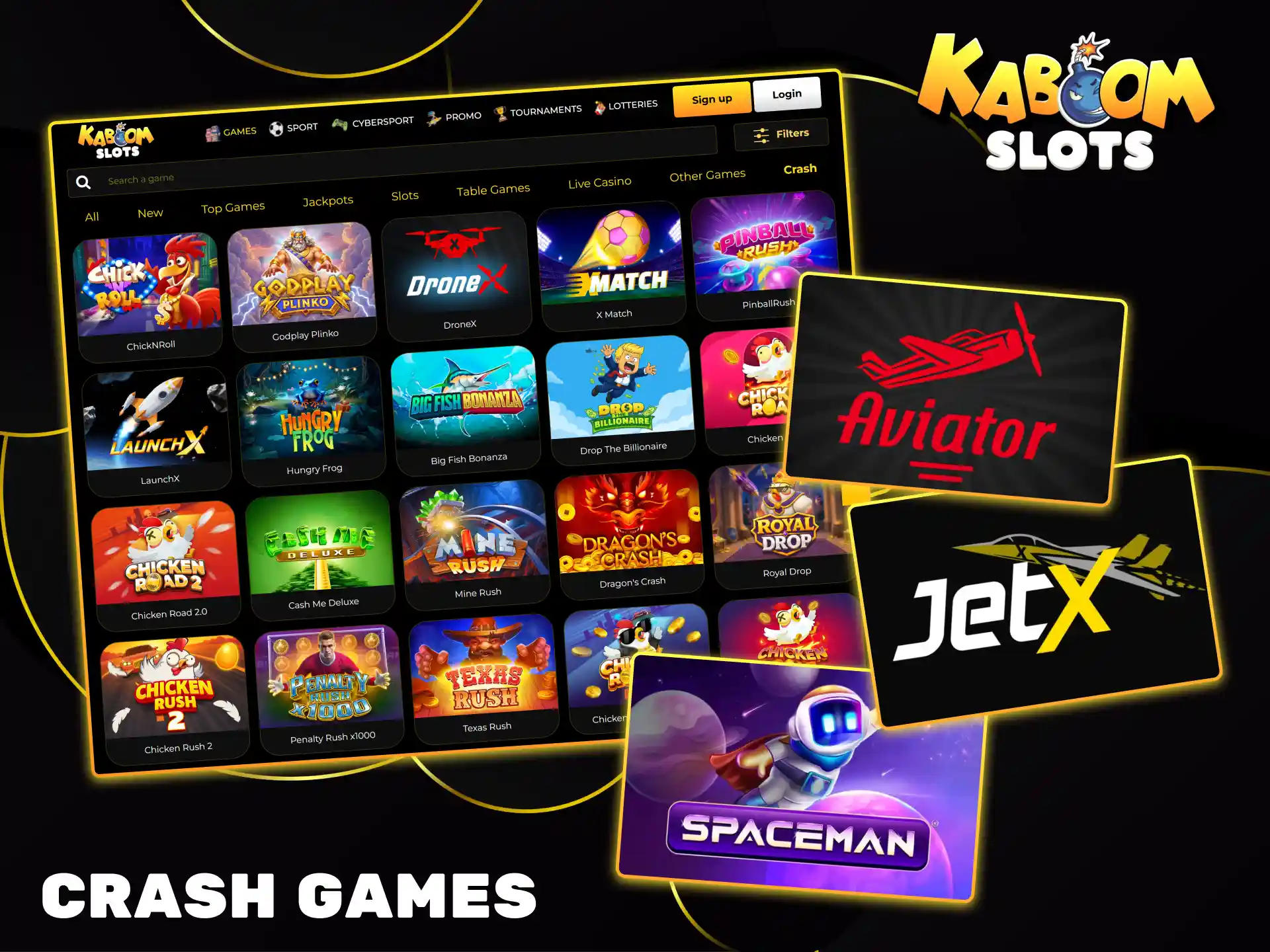 Play exciting crash games like Aviator and Spaceman and win fast at Kaboom Slots.