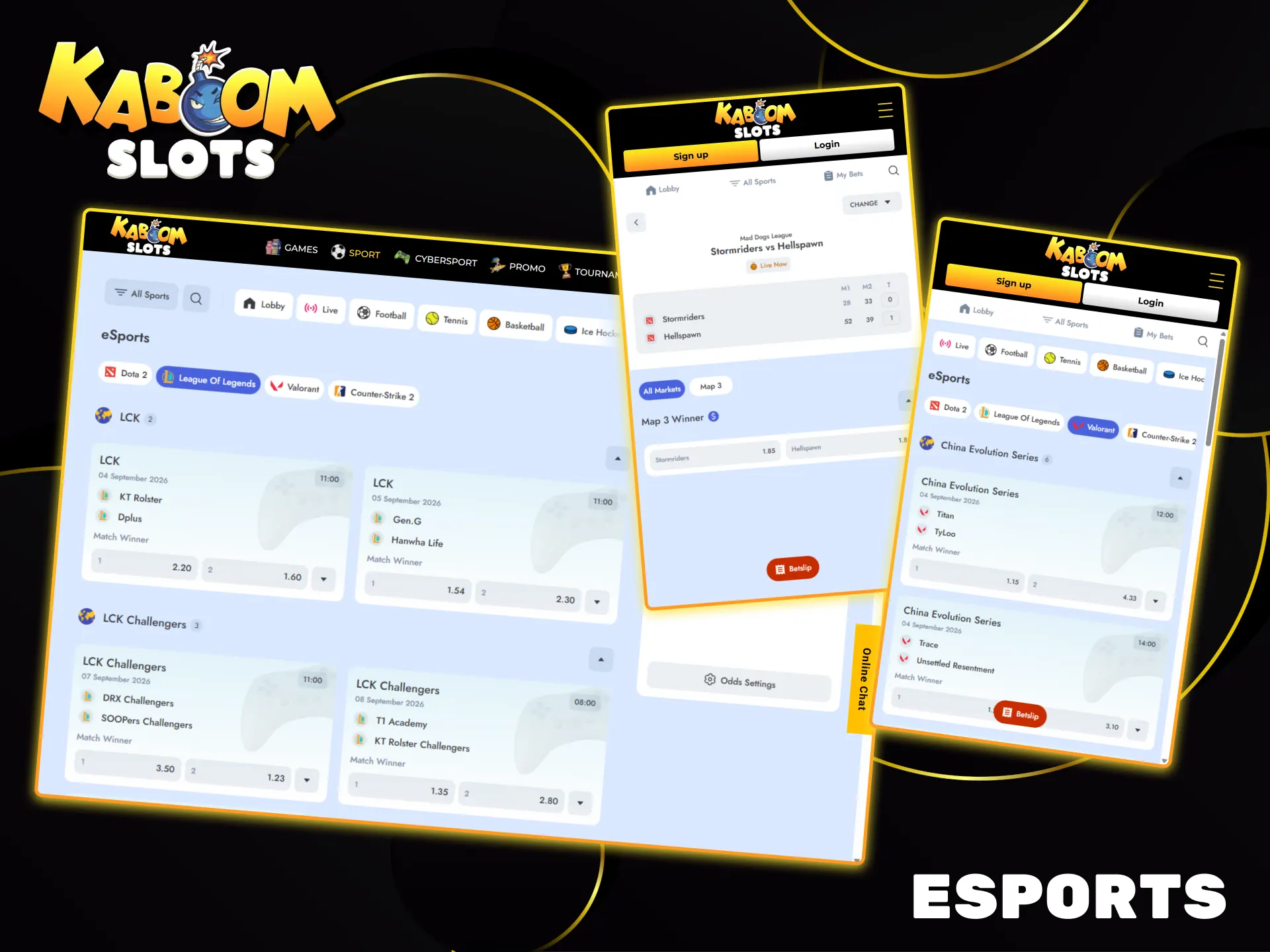 Place your bets on the best Dota 2 and Valorant esports tournaments at Kaboom Slots.