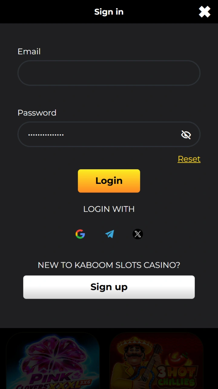 Securely log in to your personal account on the Kaboom Slots mobile platform.