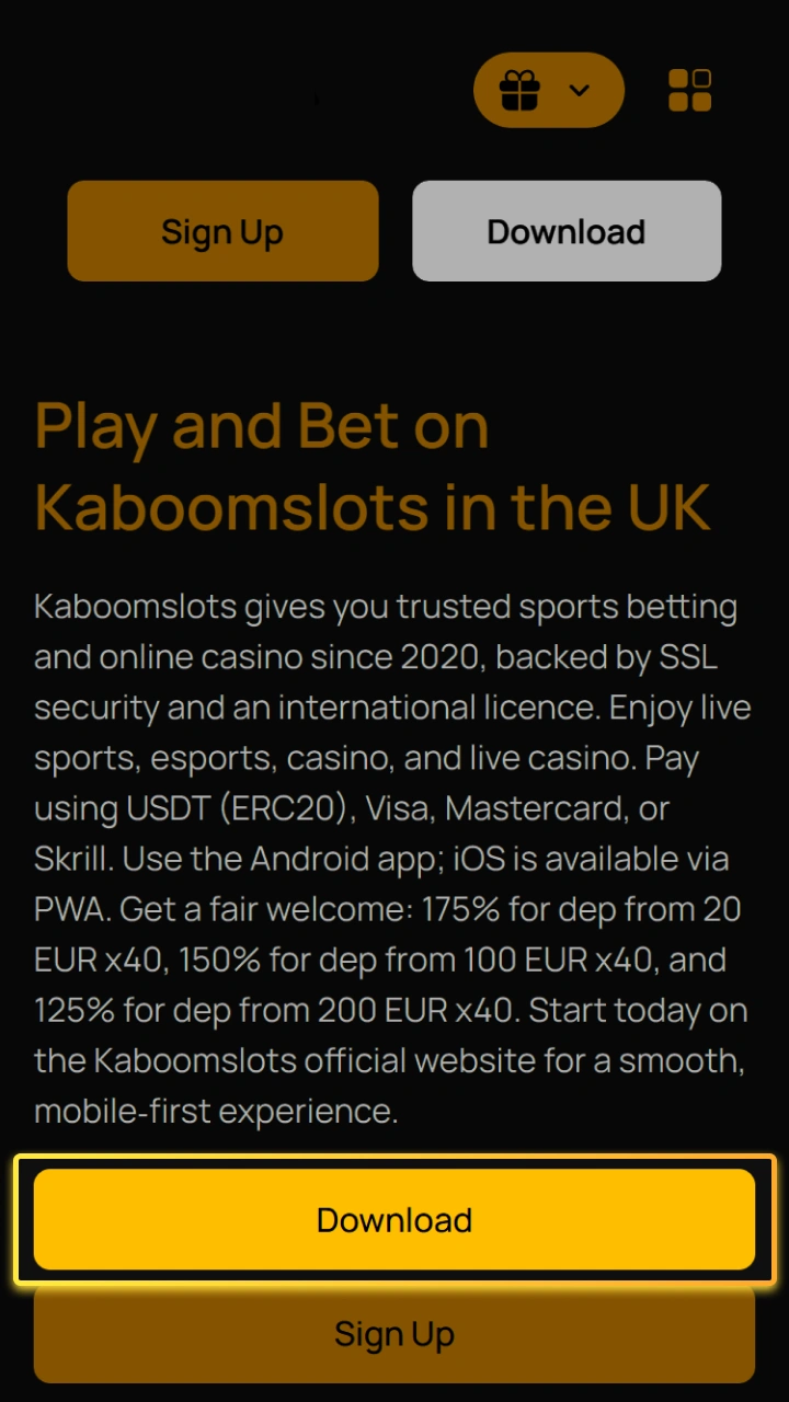 Click the download button on the website to get the official Kaboom Slots app.