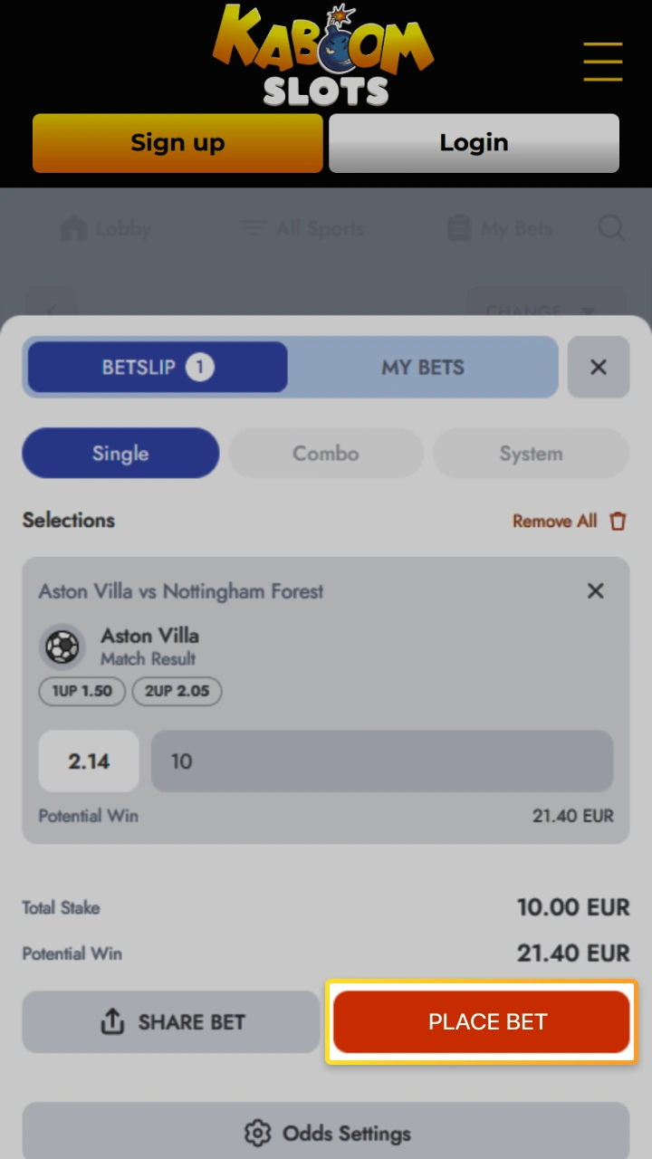 Confirm your choice with a single click of the Place Bet button at Kaboom Slots.