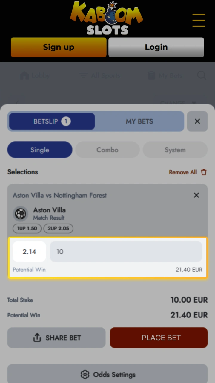 Easily enter your desired bet amount using the intuitive betting slip on the Kaboom Slots website.