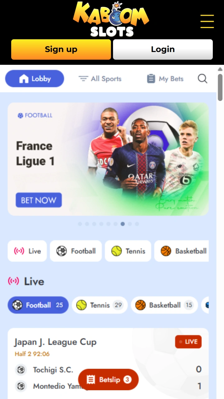 Go to the sports betting section to place real-time bets on ongoing matches at Kaboom Slots.