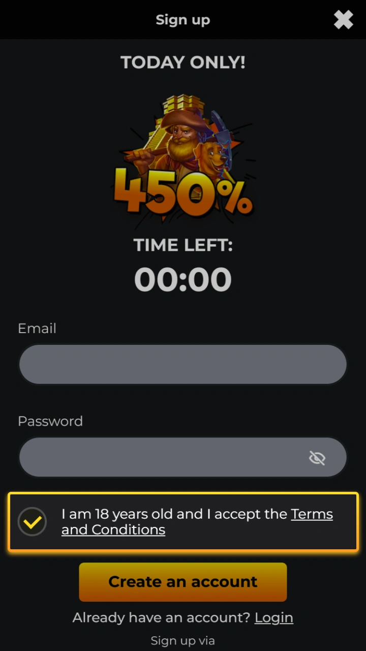 Accept the clear terms and conditions to create an account at Kaboom Slots.
