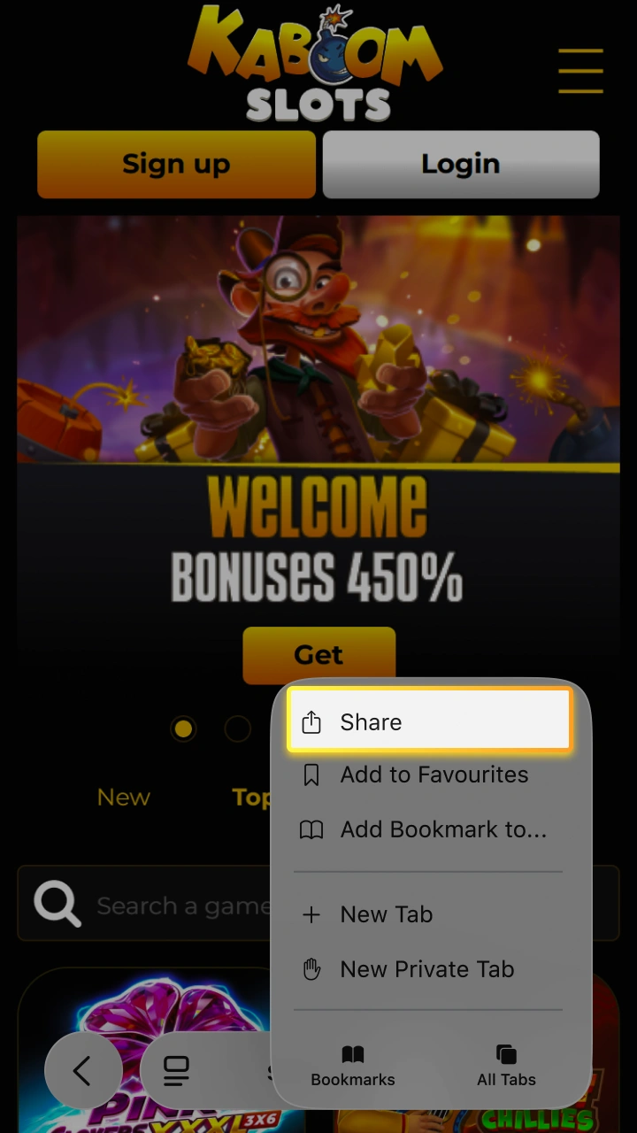 Tap Share in your browser to quickly install the Kaboom Slots web app.