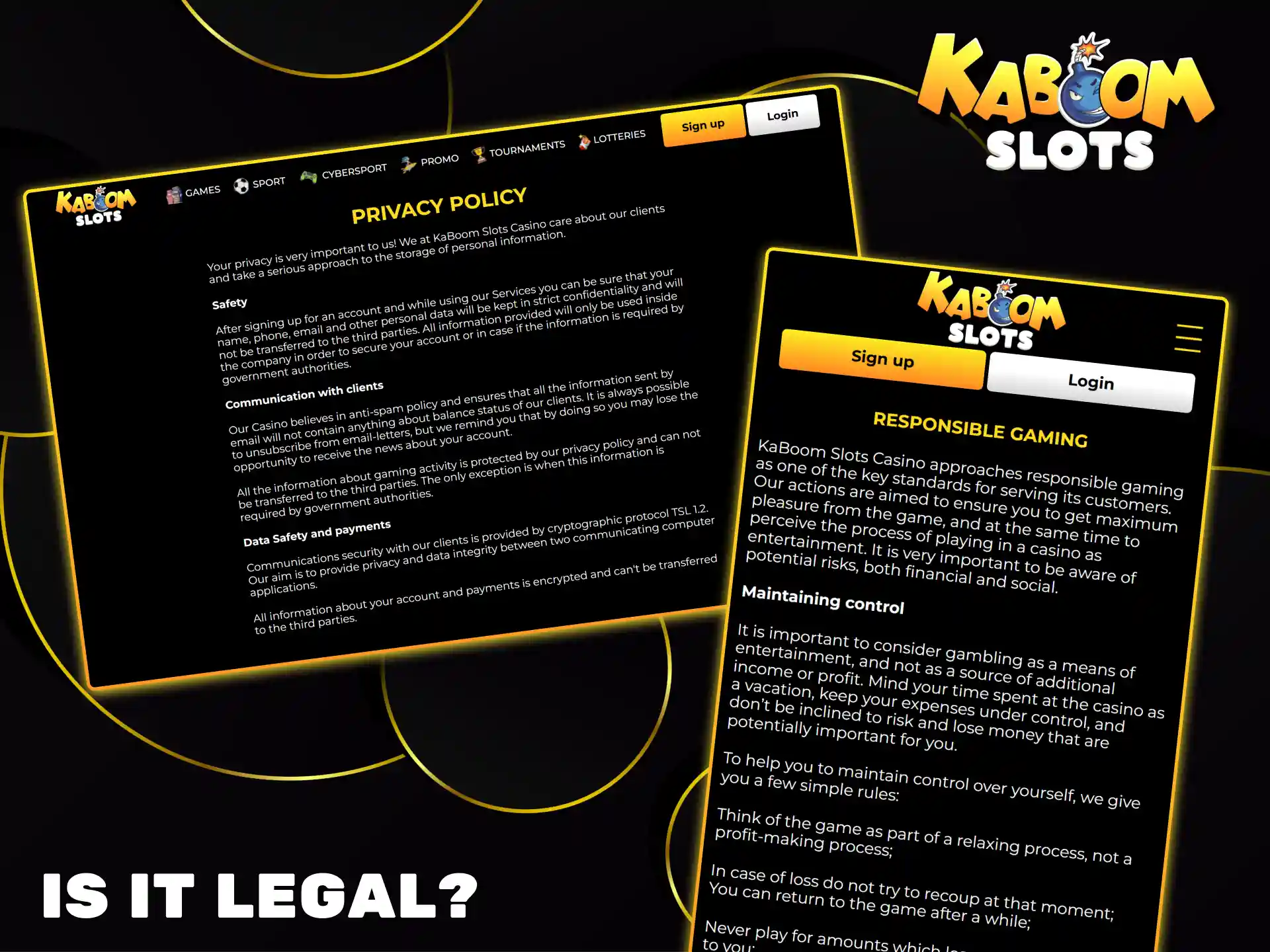Kaboom Slots is committed to player protection through a transparent privacy policy and responsible gaming tools.