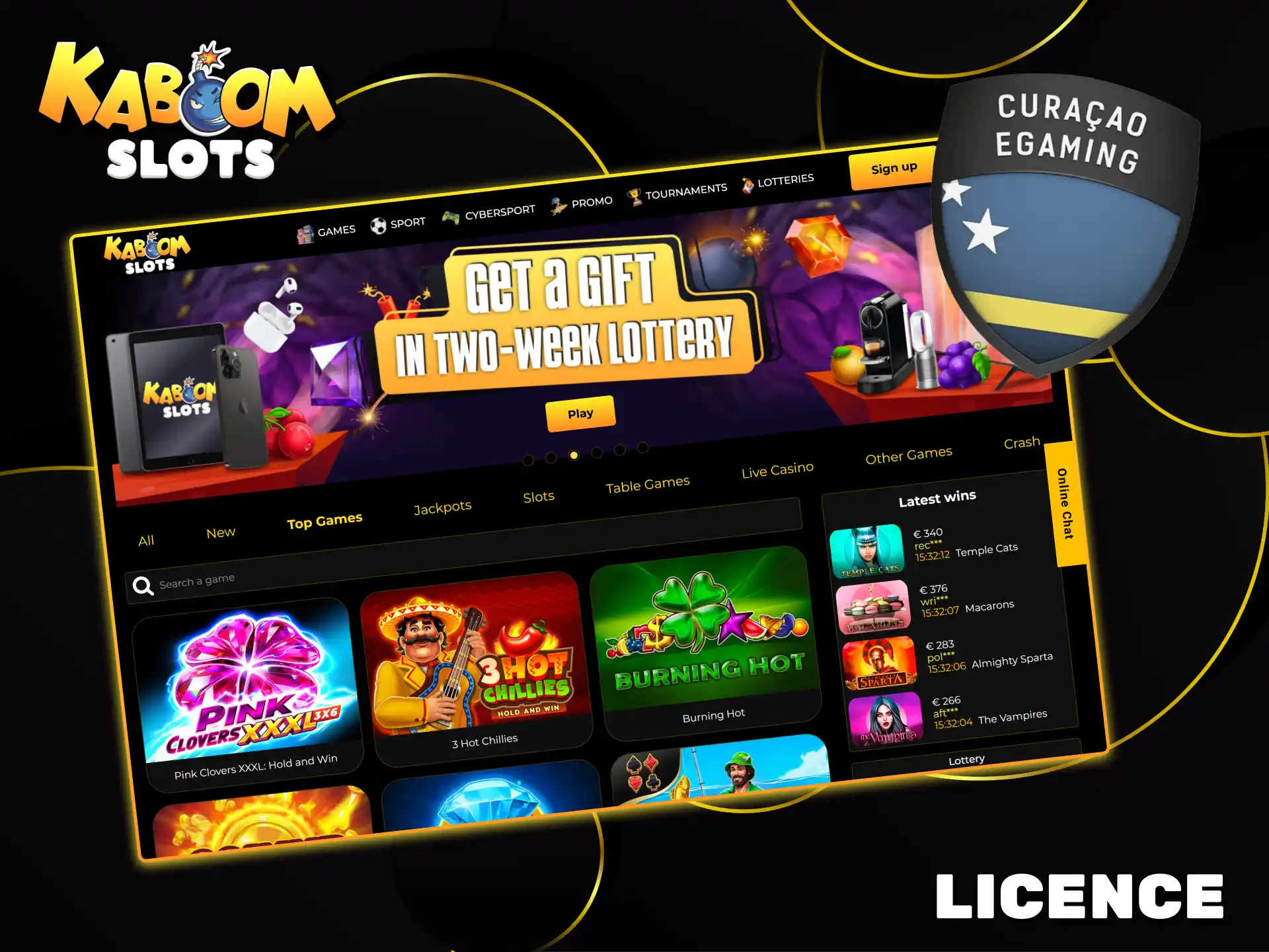 Enjoy safe gaming at Kaboom Slots, regulated by the Curaçao license.