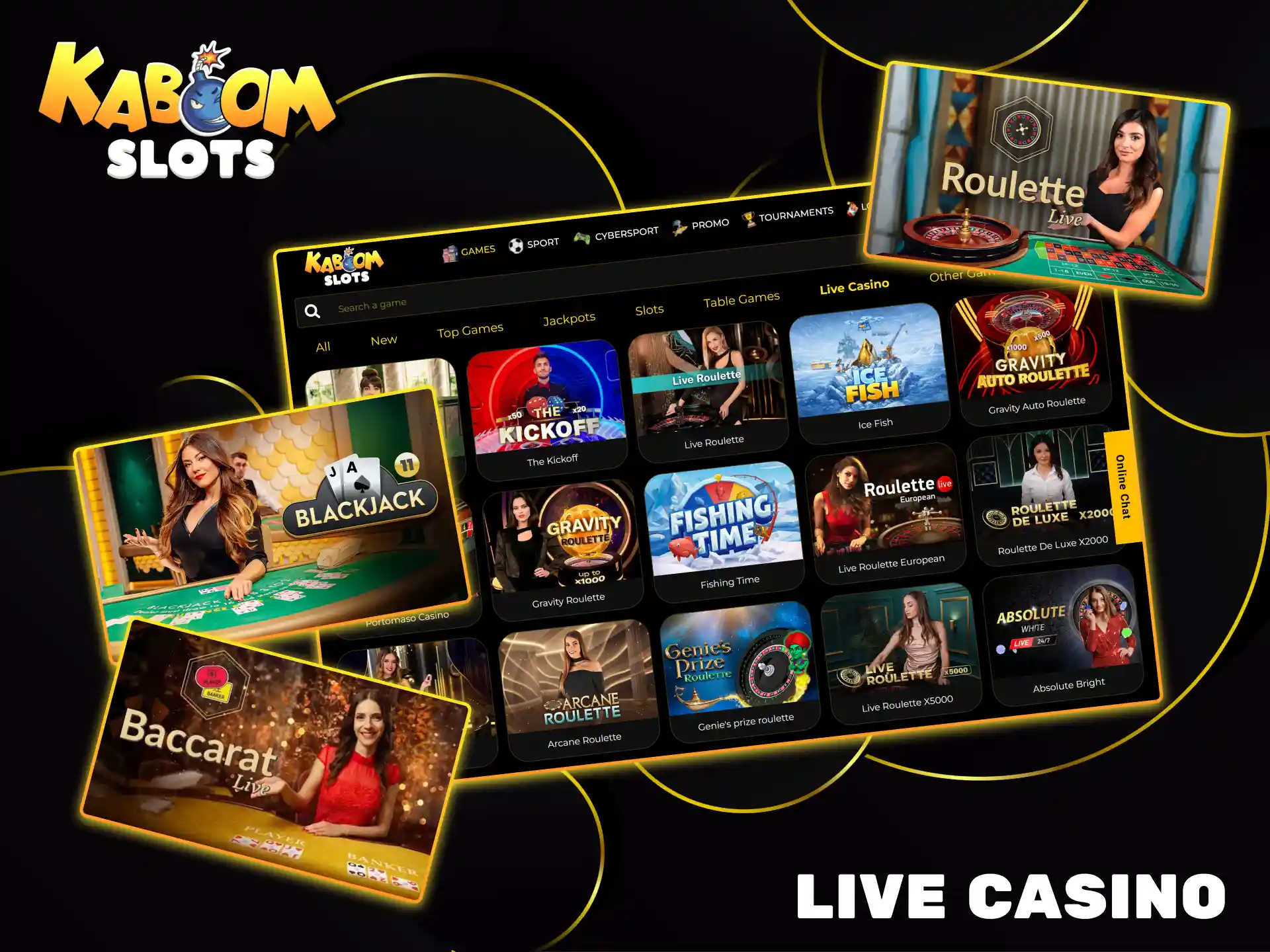 Immerse yourself in the exciting world of Kaboom Slots Live Casino games with real dealers.