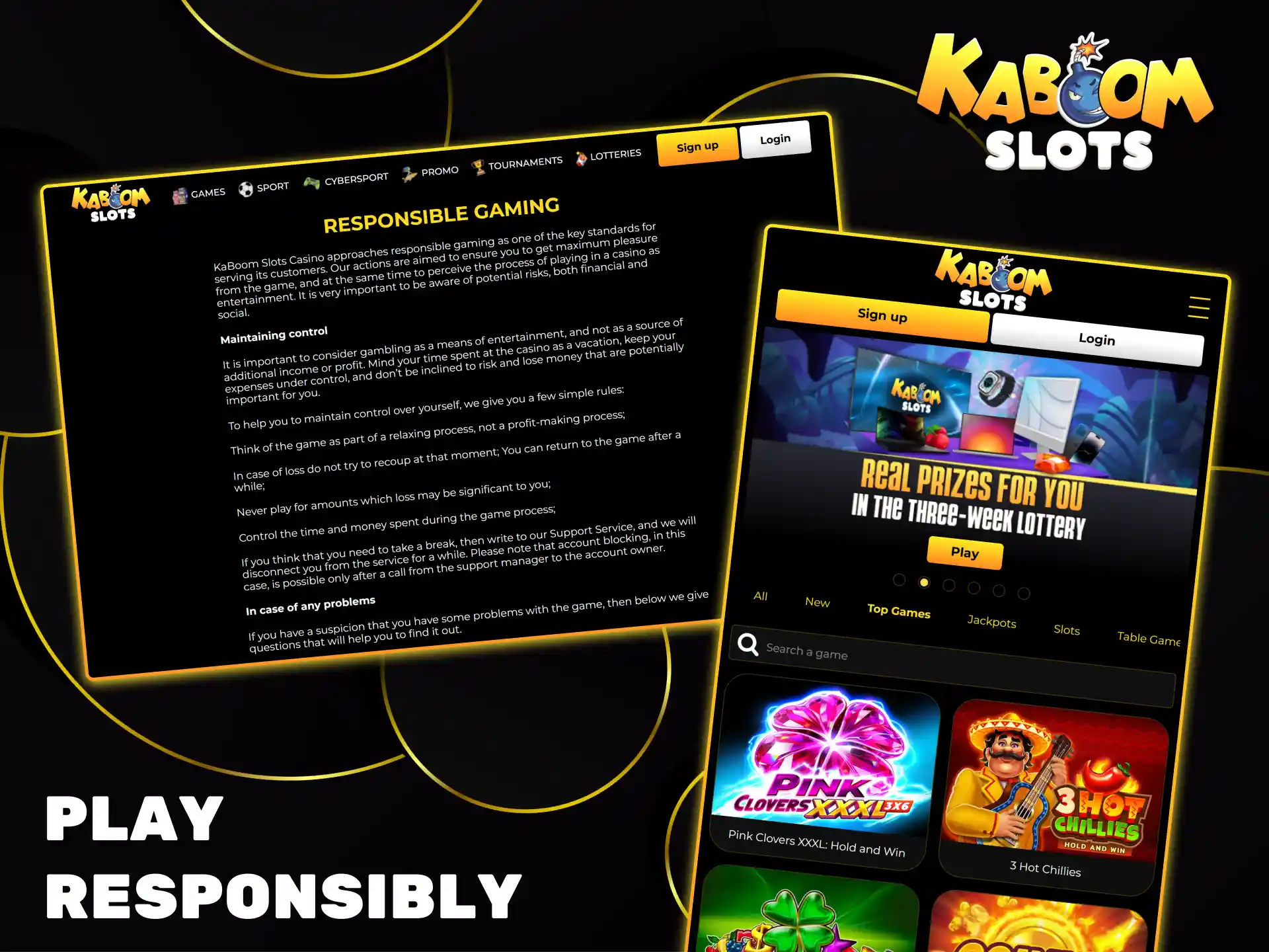 Kaboom Slots promotes safe gaming by providing comprehensive tools for responsible gaming.