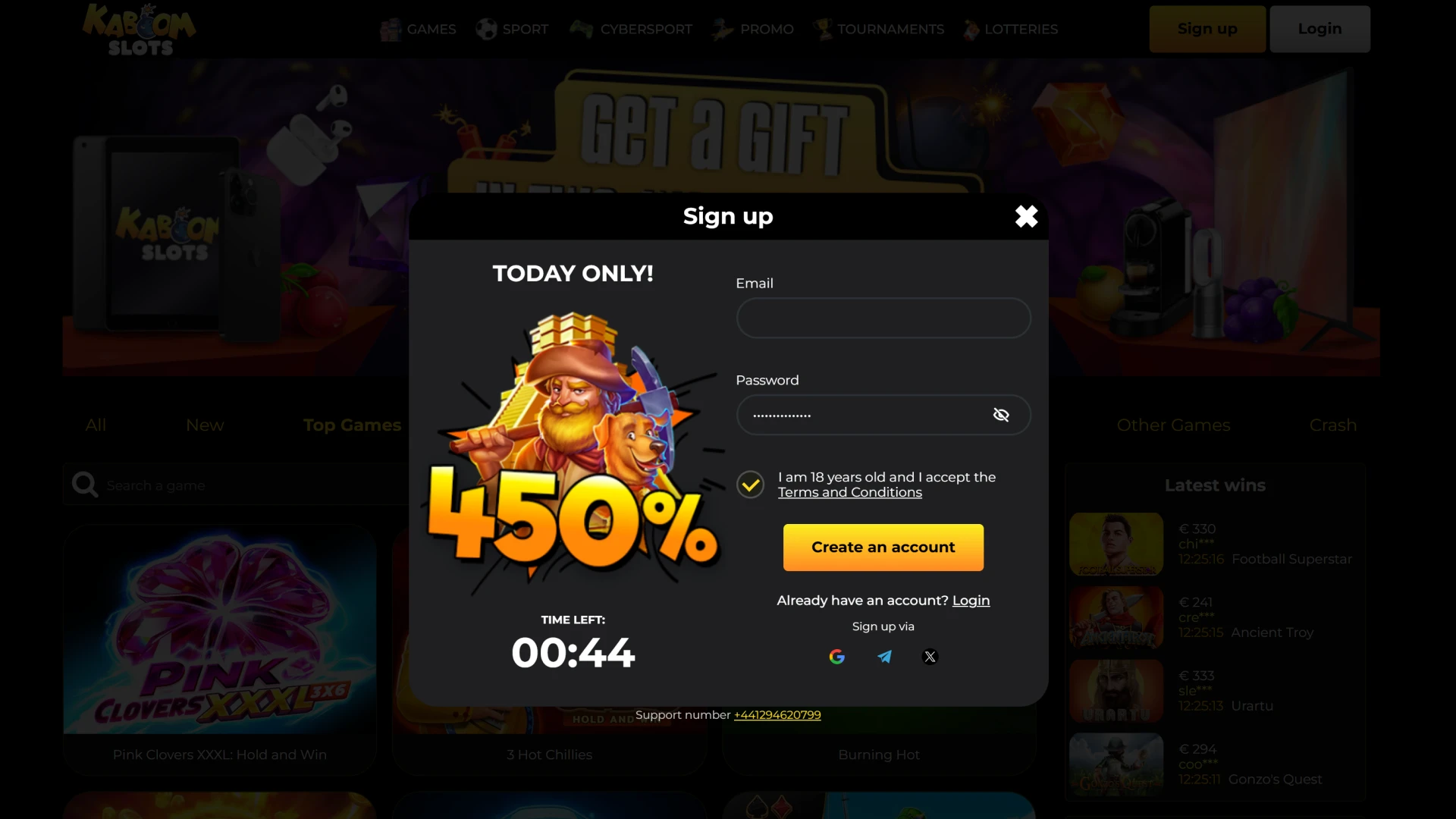 A convenient registration form on the official Kaboom Slots website.