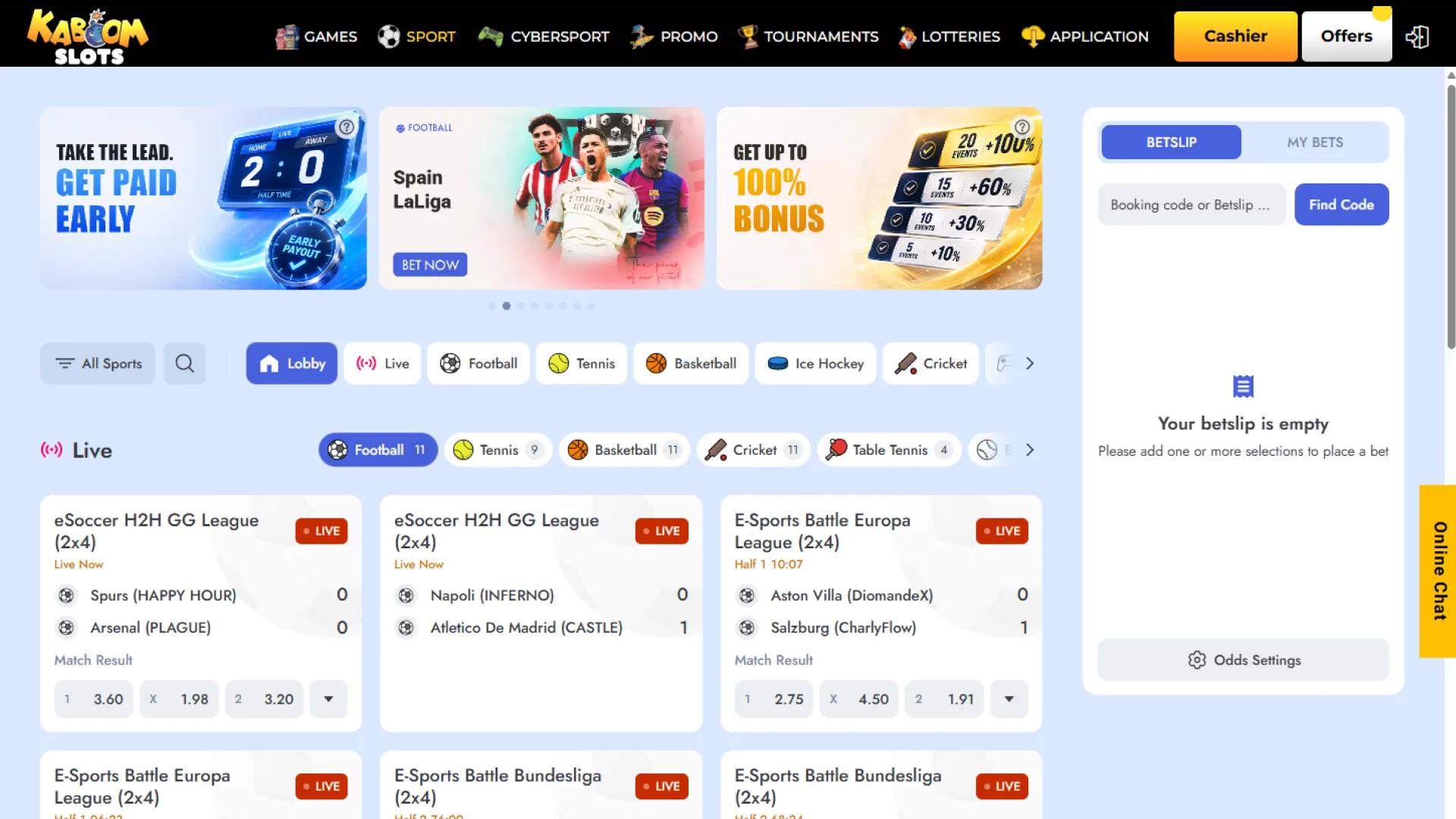 Place bets on sports and esports with high odds at Kaboom Slots.